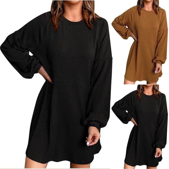 HAPIMO Women's Cotton Lined Winter Mini Loose Dress Pajamas Solid Color Round Neck Elegant Casual Soft Fleece Trendy Clearance Spring Long Sleeve Black L