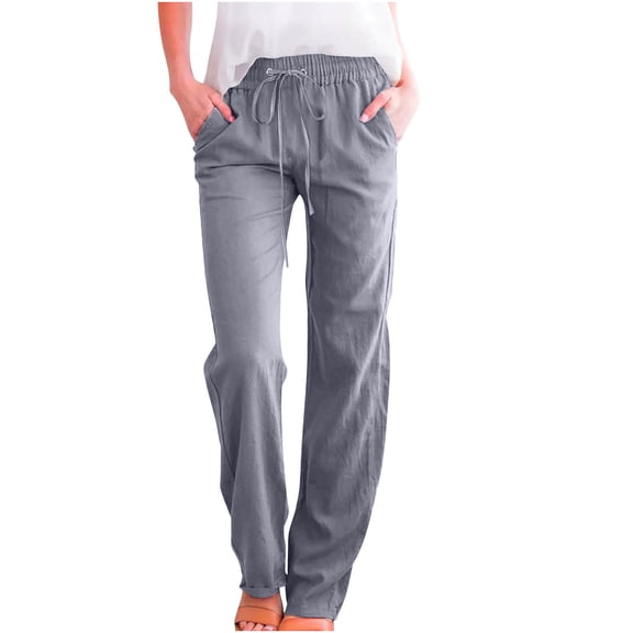 HAPIMO Women's Cotton Linen Jogger Cuff Pants Summer Leisure Workout Sports Loose Elastic Waist Drawstring Comfy Trousers for Girls Solid Gray