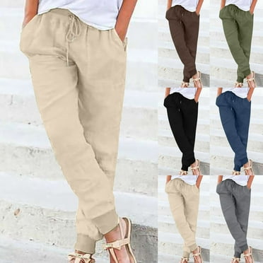 HAPIMO Women's Cotton Linen Jogger Cuff Pants Summer Trousers for Girls Solid Leisure Workout Sports Loose Elastic Waist Drawstring Comfy Beige S
