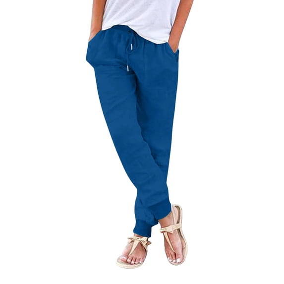 HAPIMO Women's Cotton Linen Jogger Cuff Pants Summer Trousers for Girls Solid Leisure Workout Sports Loose Elastic Waist Drawstring Comfy Blue XXL