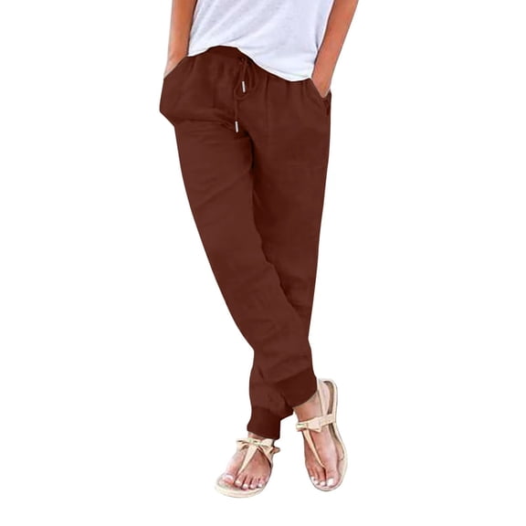HAPIMO Women's Cotton Linen Jogger Cuff Pants Summer Trousers for Girls Solid Leisure Workout Sports Loose Elastic Waist Drawstring Comfy Brown S