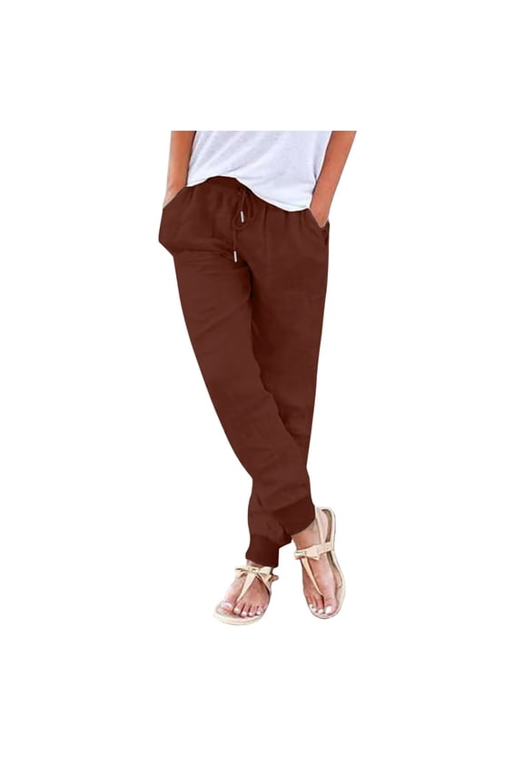 Women's Cotton Linen Jogger Cuff Pants Summer Trousers for Girls Solid Leisure Workout Sports Loose Elastic Waist Drawstring Comfy Brown S