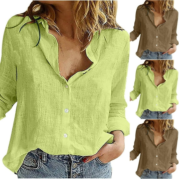 HAPIMO Women's Cotton Linen Loose Shirts Trendy Long Sleeve Clothing Solid Tees Autumn Fit Casual Comfy Lapel Pullover Spring Green S