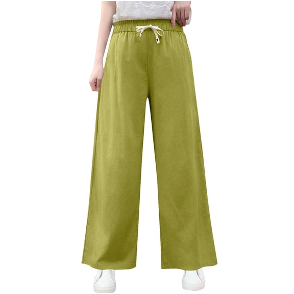 HAPIMO Women's Cotton Linen Pants Elastic High Waist Drawstring Trousers Loose Fit Straight Wide Leg Pants Spring Summer Casual Pants Green XXXL