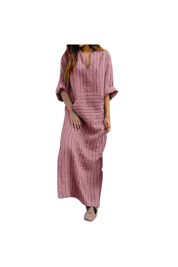 Women's Cotton Linen Plus Size Maxi Dress Rainbow Stripe Boho Holiday Long Sleeve Autumn Dresses V Neck Vintage Elegant Casual Comfy Pocket Red XXXXL