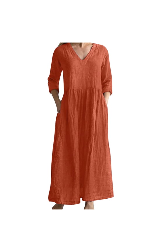 Women's Cotton Linen Plus Size Maxi Dress Solid Boho 3/4 Sleeves Autumn Dresses V Neck Elegant Casual Comfy Vintage Holiday Orange XXXXXL