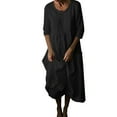 thumbnail image 1 of HAPIMO Women's Cotton Tea Length Dress with Pocket Loose Pajamas Solid Color Long Sleeve Round Neck Elegant Casual Trendy Spring Black XL, 1 of 6
