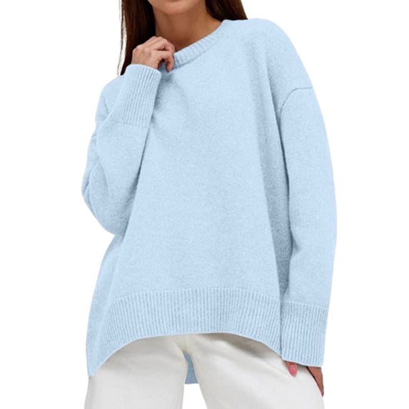 HAPIMO Women's Crew Neck Sweatshirts Fall Loose Basic Ribbed Sweaters Tops Long Sleeve Cotton Lined Tees Workout Casual Knitted Fashion Solid Color Blouses Blue OneSize