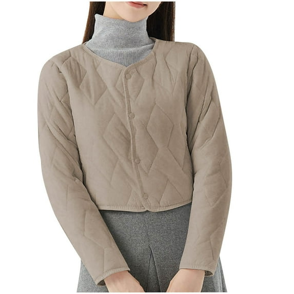 HAPIMO Women's Cropped Cotton Coats Long Sleeve Crewneck Snap Jacket Solid Quilted Coats Outdoor Casual Coats Fall Winter Fashion Warm Coat Khaki XXXL