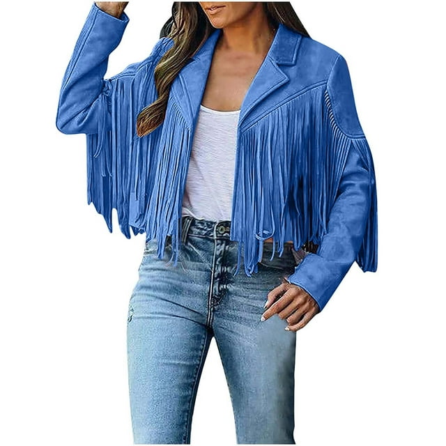 HAPIMO Women's Cropped Fringe Jacket Faux Suede Leather Long Sleeve ...