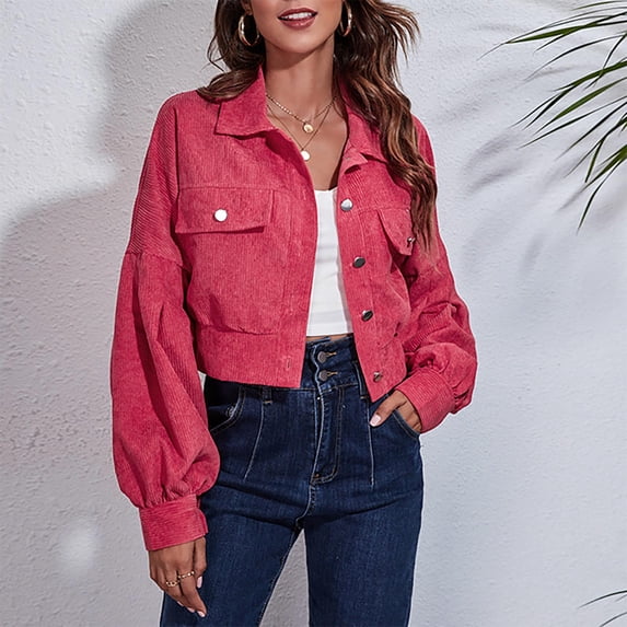HAPIMO Women's Cropped Jackets Solid Button Down Shacket Jacket Casual Lantern Sleeve Lapel Jacket Lightweight Fall Fashion Clothes Watermelon Red M