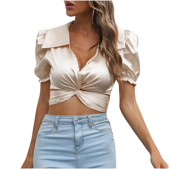 HAPIMO Women's Cropped Tops Cutout Satin Silk Solid Color Short Sleeve V Neck Shirts Elegant Casual Workout Tops for Teen Girls Summer Tees Trendy Yellow M