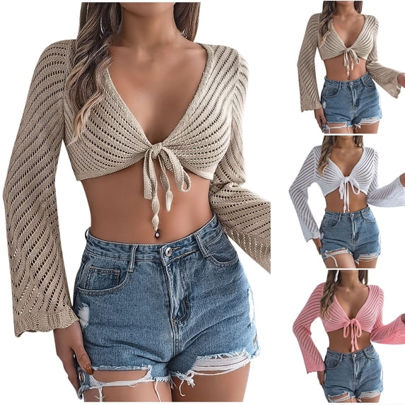 HAPIMO Women's Deep V Neck Cardigans Bandage Loose Knitted Shirts Casual Ribbed Elegant Long Sleeve Business Tees Outfits Cropped Tops Hollow Out Fashion Yellow L