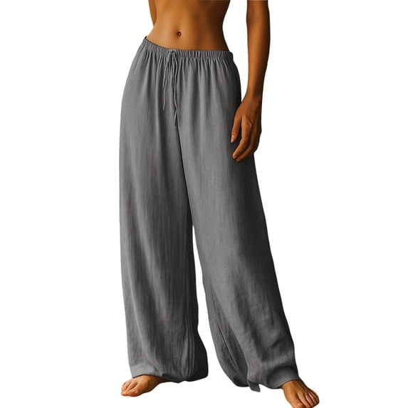HAPIMO Women's Drawstring Wide Leg Beach Pants Lightweight Trousers for Vacation Gray S