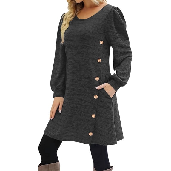 HAPIMO Women's Dress Crew Neck Long Sleeve Loose Button Down Side Pockets Modern Elegant Dress Comfortable Daily Use Gray XXL
