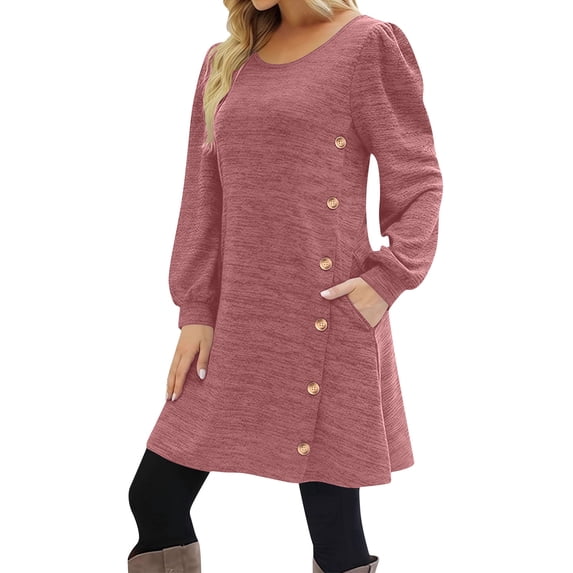 HAPIMO Women's Dress Crew Neck Long Sleeve Loose Button Down Side Pockets Modern Elegant Dress Comfortable Daily Use Red L