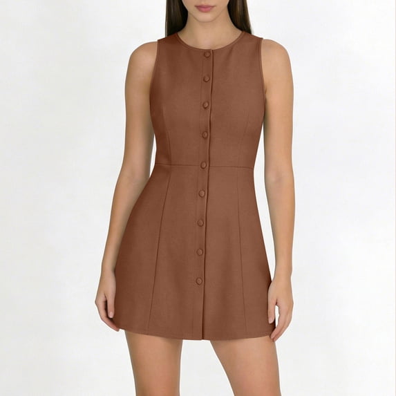 HAPIMO Women's Dress Crew Neck Sleeveless Short Length Fashionable Casual Wear Modern Classic Brown S