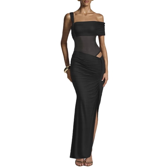HAPIMO Women's Dress One Shoulder Sleeveless Mesh Stitching Ruched Detail Bodycon Long Length Elegant Party Vacation Wear Stylish Look Black L
