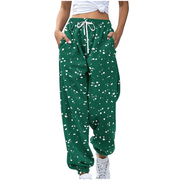 HAPIMO Women's Elastic High Waist Joggers Baggy Drawstring Straight Pants Casual Workout Pants Fashion Prints Trousers Green S