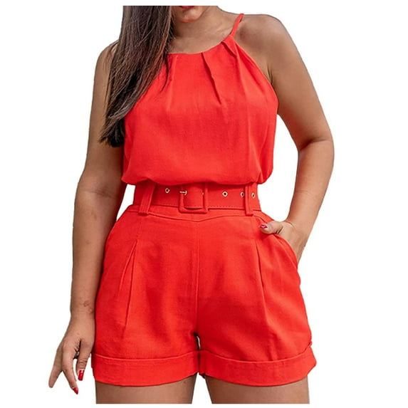 HAPIMO Women's Elegant Business Suit Sets with Belt 2 Piece Solid Pleated Holiday Fall Casual Comfy Sleeveless Scoop Neck Tank Tops Spring High Waist Shorts LoungeWear Orange L