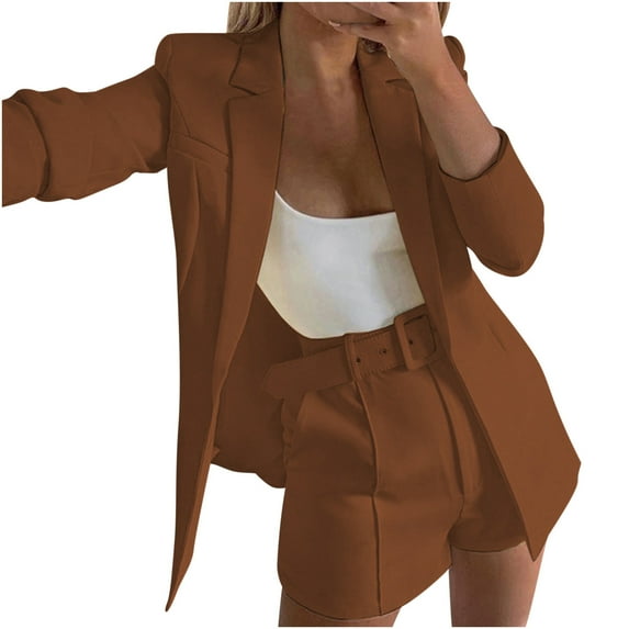HAPIMO Women's Elegant Business Suit Sets with Belt 3Pc Long Sleeve Lapel Blazer Coat Casual Comfy Spring Fall Solid High Waist Shorts LoungeWear Holiday Brown XL