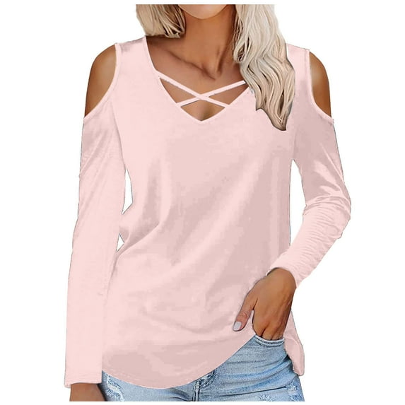 HAPIMO Women's Elegant Loose Tops Fashion Long Sleeve Tees Solid Color Blouses Regular Fitted Casual Cold Shoulder Workout V Neck Shirts Fall Pink M