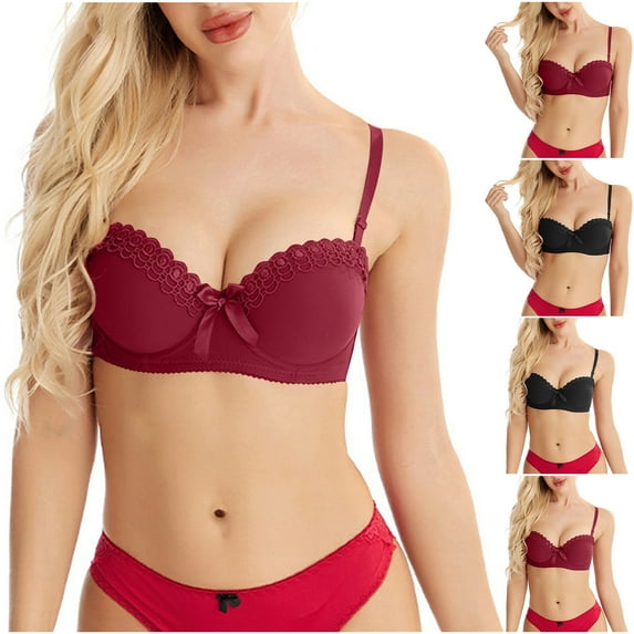 HAPIMO Women's Everyday Bra Floral Lifting Bra Comfy Underwear Bowknot Underwired Brassiere Solid Color Trendy Lady Lingerie Black L