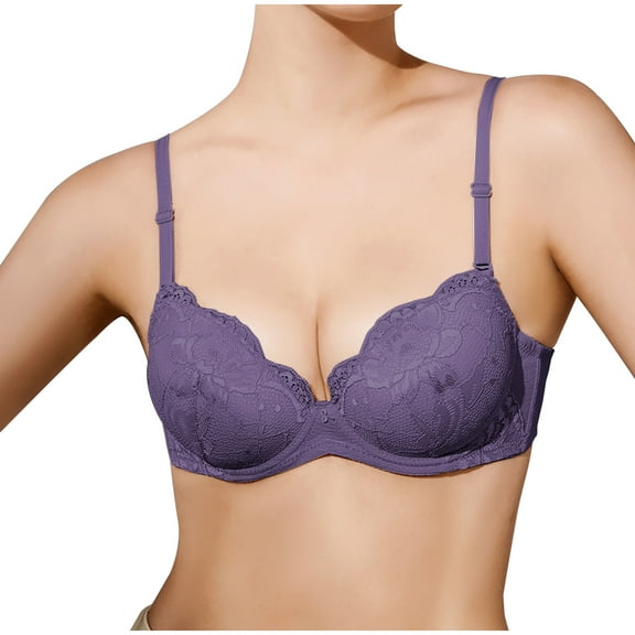 HAPIMO Women's Everyday Bra Lace Lifting Bra Comfy Underwear Push Up Wireless Seamless Soft Smoothing Brassiere Solid Color Trendy Lady Lingerie Purple 32