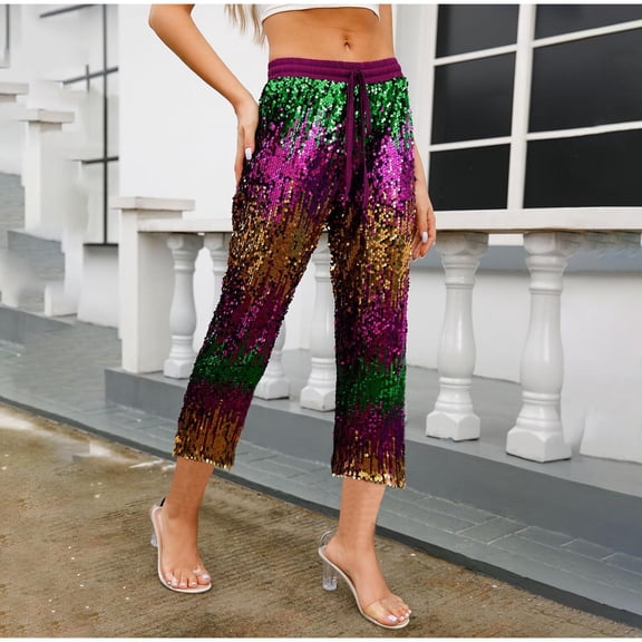 HAPIMO Women's Fall Sequins Party Sweatpants Drawstring Teens Casual Trousers Spring Loosepants for Girls High Waist Straight Leg Pants Workout Business Capris Multi-color L