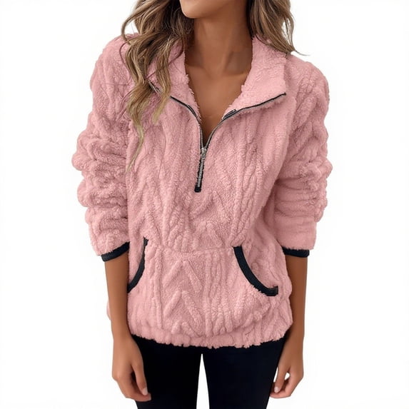 HAPIMO Women's Fall Winter Fuzzy Fleece Warm Sweatshirts Loose Long Sleeve Lapel Collar Quarter Zip Pullover Tops Solid Kangaroo Pocket Sweatshirts Pink S