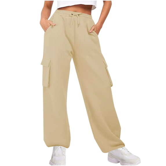 HAPIMO Women's Fall Winter Sweatpants High Waist Wide Leg Pants Loose Straight Leg Trousers Drawstring Elastic Waist Pants Casual Sweat Pants with Pockets Khaki L