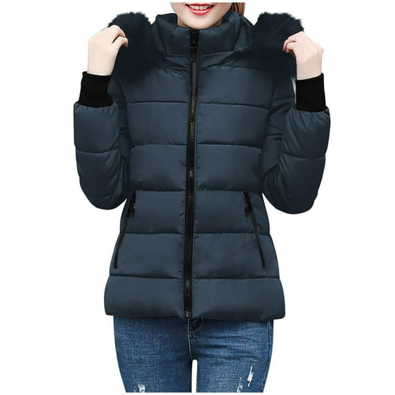 HAPIMO Women's Fall Winter Warm Coats Long Sleeve Zip Up Hooded Jacket Solid Zip Pocket Quilted Jacket Coat with Faux Fur Trim Hood Navy XXL