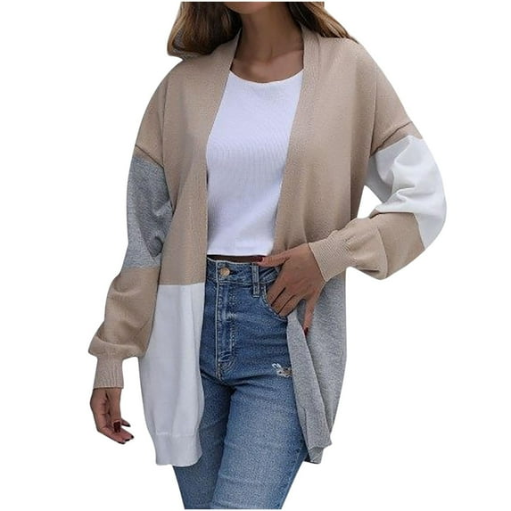 HAPIMO Women's Fall Winter Warm Open Front Trendy Color Blokc Long Sleeve Knit Ribbed Cardigan Casual Pullover Sweaters Teen Girls Clothes Khaki M