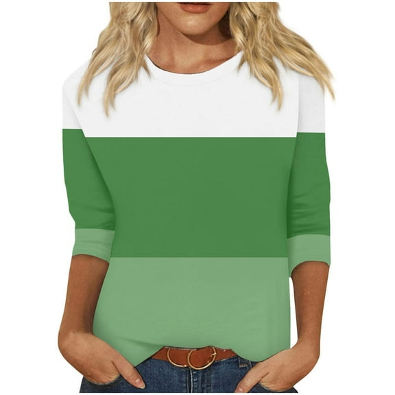 HAPIMO Women's Fashion Color Block Tops 3/4 Sleeve Tees Outfits Casual Loose Shirts Vacation Workout Round Neck Pullovers Green L
