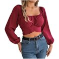 thumbnail image 1 of HAPIMO Women's Fashion Cropped Tops Workout Casual Elegant Clearance Lantern Sleeve Business Tees Outfits Square Neck Pleated Pullovers Slim Chiffon Shirts Vacation Red L, 1 of 7
