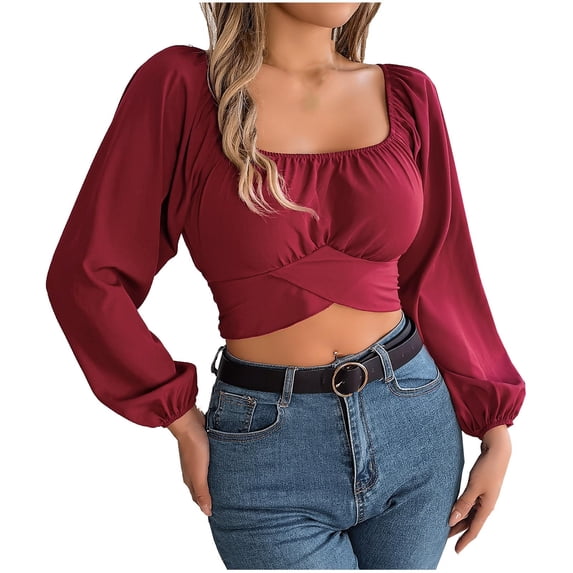 HAPIMO Women's Fashion Cropped Tops Workout Casual Elegant Clearance Lantern Sleeve Business Tees Outfits Square Neck Pleated Pullovers Slim Chiffon Shirts Vacation Red L