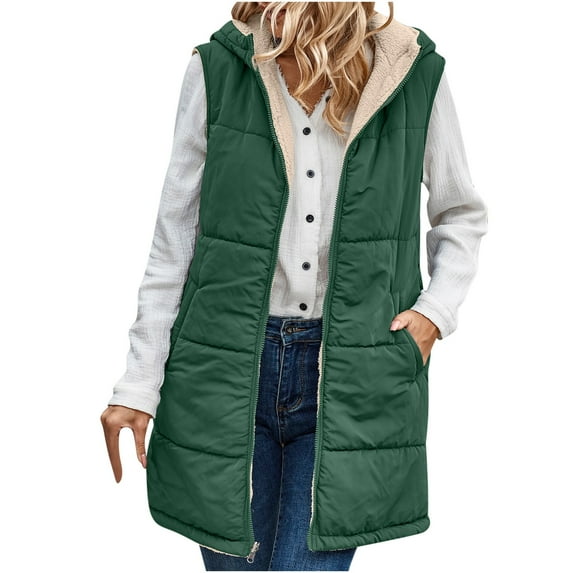 HAPIMO Women's Fashion Fleece Padded Coat Casual Reversible Vest Cotton Lined Midi Down Puffer Jackets Parkas Winter Zip Up Hoodie Sleeveless Outwear Pockets Green XXL