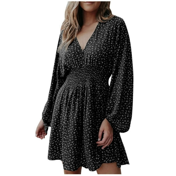 HAPIMO Women's Fashion Floral Boho Graphic Long Sleeve High Waist Spring Workout Holiday V Neck Fall Dress Above Knee A Line Dress Elegant Casual Summer Black L