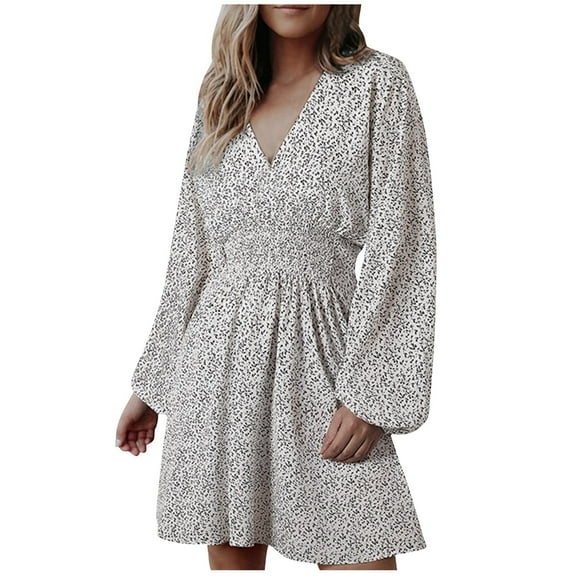 HAPIMO Women's Fashion Floral Boho Graphic V Neck Fall Dress Above Knee A Line Dress Long Sleeve High Waist Spring Elegant Casual Summer Workout Holiday White S