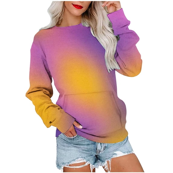 HAPIMO Women's Fashion Gradient Blouses Loose Basic Tops Pockets Workout Long Sleeve Tees Regular Fitted Casual Crew Neck Sweatshirts Fall Yellow L
