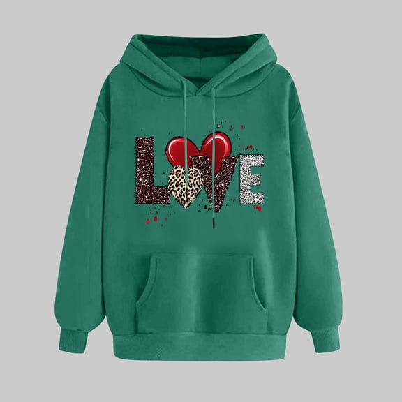 HAPIMO Women's Fashion Graphic Hoodies Love Heart Print Tops Valentine's Day Sweatshirts Casual Long Sleeve Pullover Gift for Valentine Army Green XXL