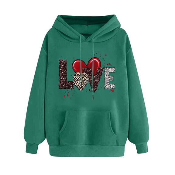 HAPIMO Women's Fashion Graphic Hoodies Love Heart Print Tops Valentine's Day Sweatshirts Casual Long Sleeve Pullover Gift for Valentine Army Green S