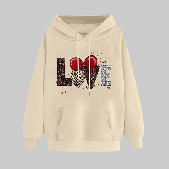 HAPIMO Women's Fashion Graphic Hoodies Love Heart Print Tops Valentine's Day Sweatshirts Casual Long Sleeve Pullover Gift for Valentine Beige XXL