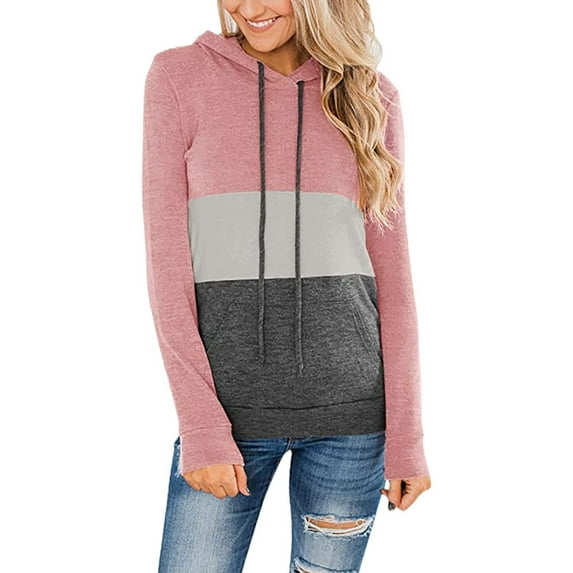 HAPIMO Women's Fashion Hoodie Sweatshirt T-Shirt Clothes for Women Striped Color Block Tops Pockets Drawstring Pullover Cozy Casual Sweatshirt Long Sleeve Blouse Pink XXL
