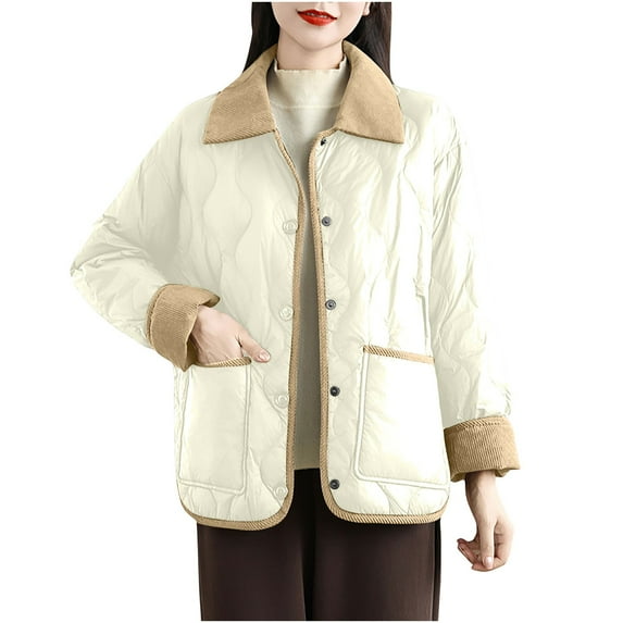 HAPIMO Women's Fashion Jacket Coat Long Sleeve Lapel Collar Button Down Coat Solid Pocket Quilted Coat Fall Winter Casual Comfy Clothes Beige M