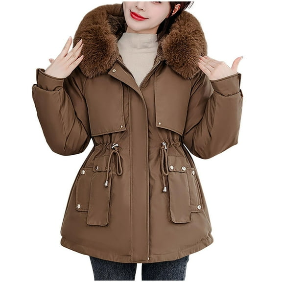 HAPIMO Women's Fashion Parka Long Sleeve Zipper Hooded Coat Winter Thickened Warm Outerwear Solid Pocket Long Coat with Faux Fur Trim Hood Coffee XXL