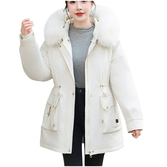 HAPIMO Women's Fashion Parka Long Sleeve Zipper Hooded Coat Winter Thickened Warm Outerwear Solid Pocket Long Coat with Faux Fur Trim Hood White XXL