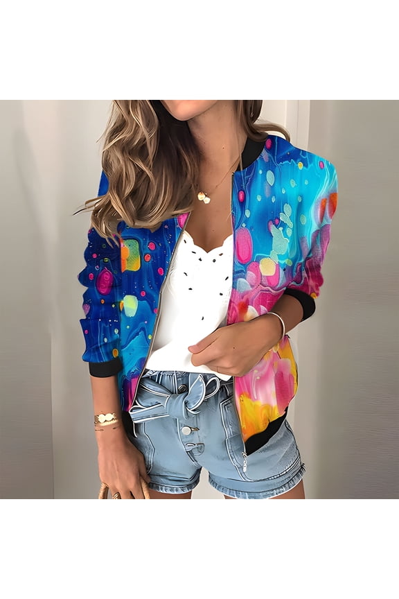 Women's Fashion Print Jacket Fall Casual Zip Up Jacket Long Sleeve Stand Collar Jacket Daily Leisure Jacket Outdoor Hiking Workout Jacket Yellow XXL