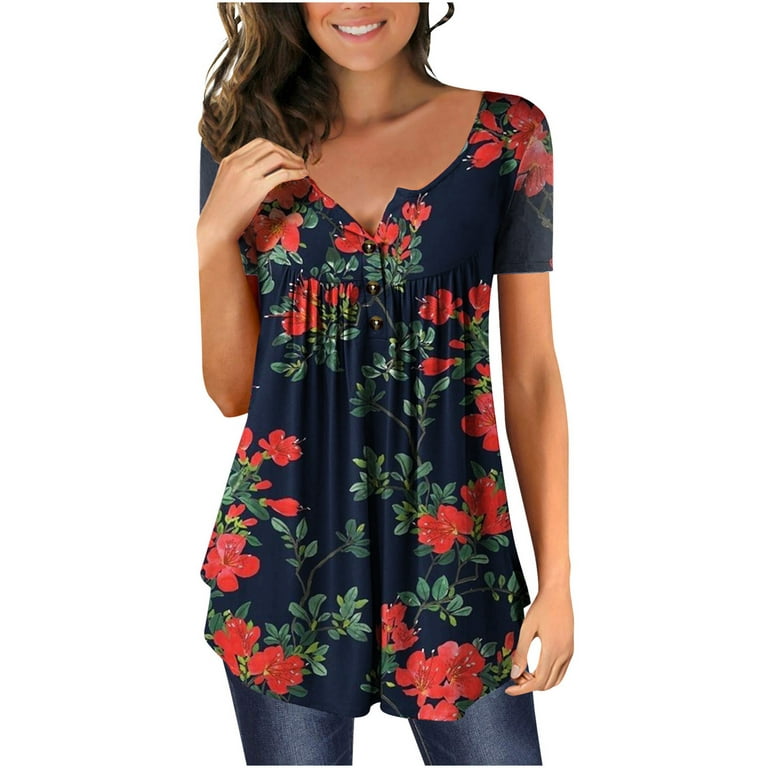 HAPIMO Summer Shirts for Women Button V-Neck T-shirt Boho Floral Print Tops  Fashion Tummy Control Clothes for Girls Short Sleeve Tees Pleat Flowy