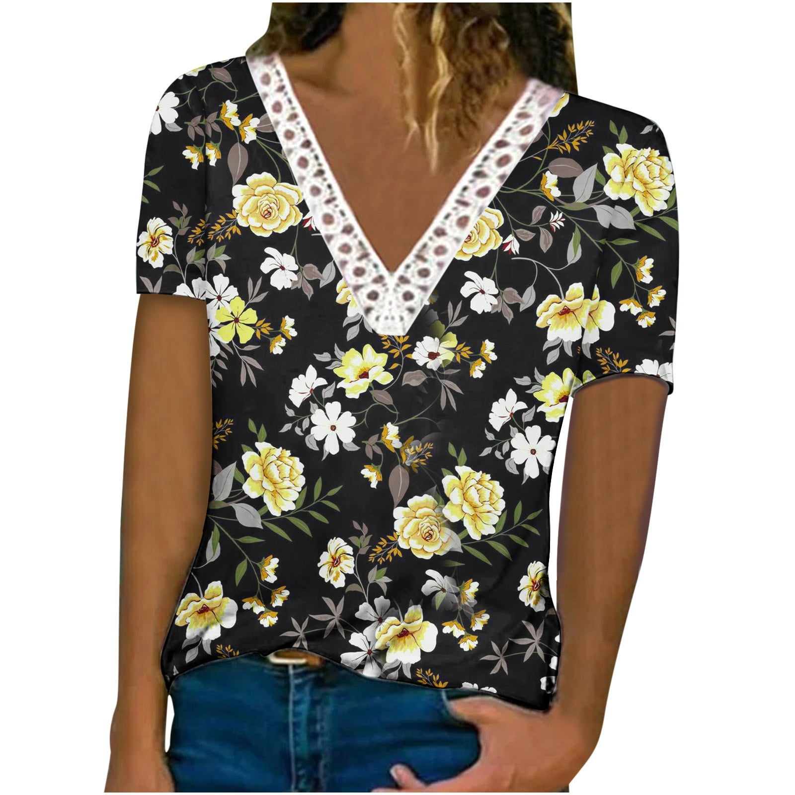 HAPIMO Women's Fashion Shirts Floral Print Tops Round Neck T-shirt